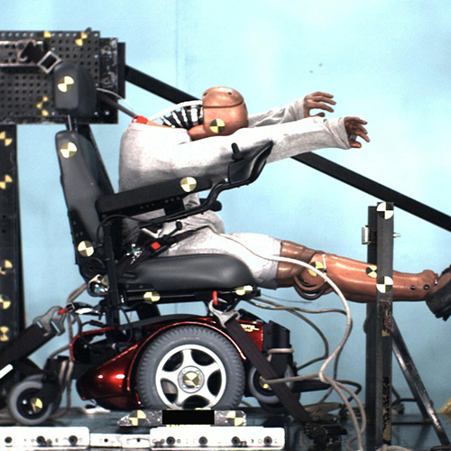 Video extract of power wheelchair in dynamic frontal test at time of peak excursion